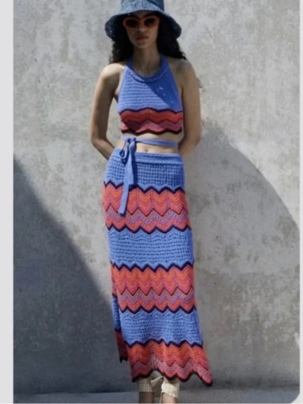 Zara Blue Chevron Crochet Maxi Skirt